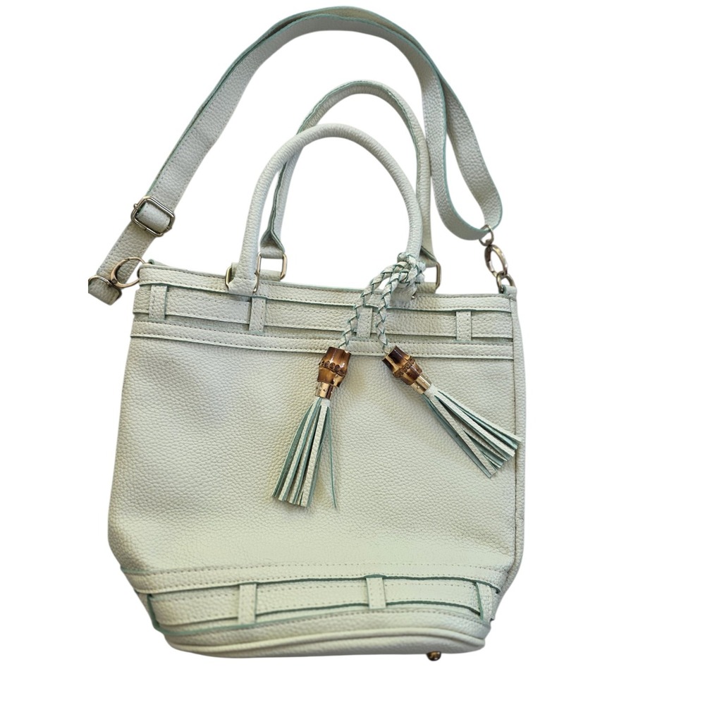 Mellow World Vegan Leather Satchel Tote Off White Bamboo Tassel Handbag